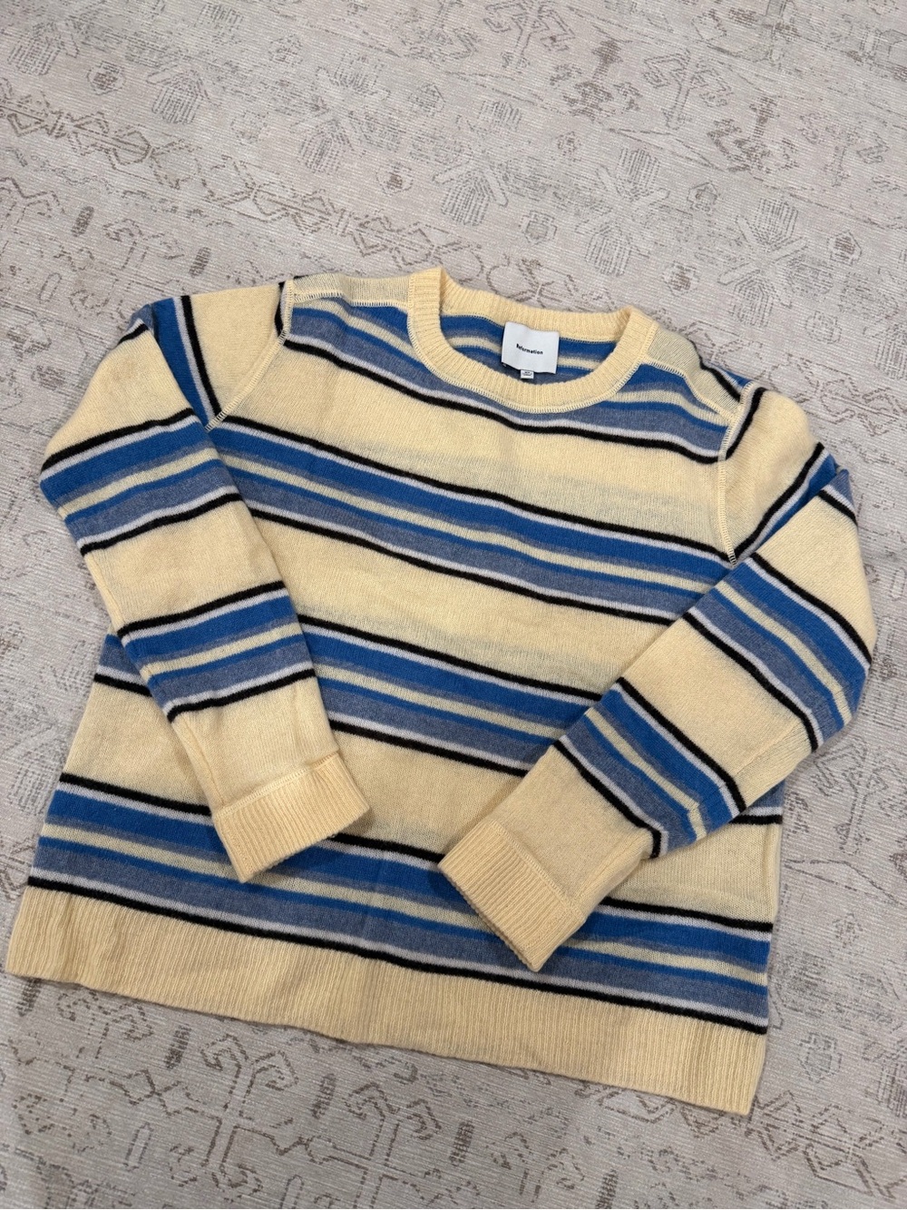 Reformation boyfriend cashmere Cream and Blue Striped Crewneck Sweater